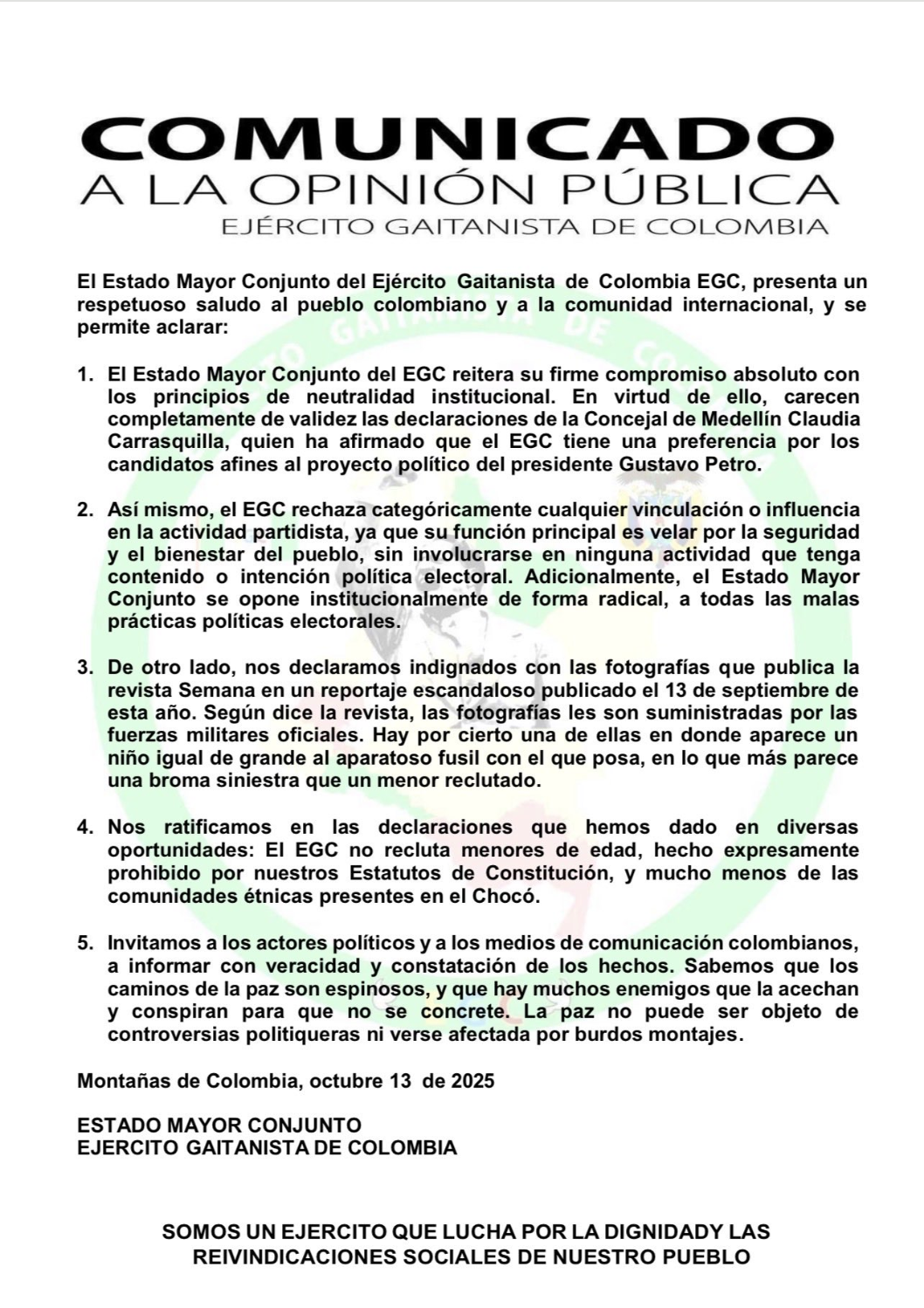 El Ejército de Guardia del Pueblo reafirma su neutralidad en el contexto electoral