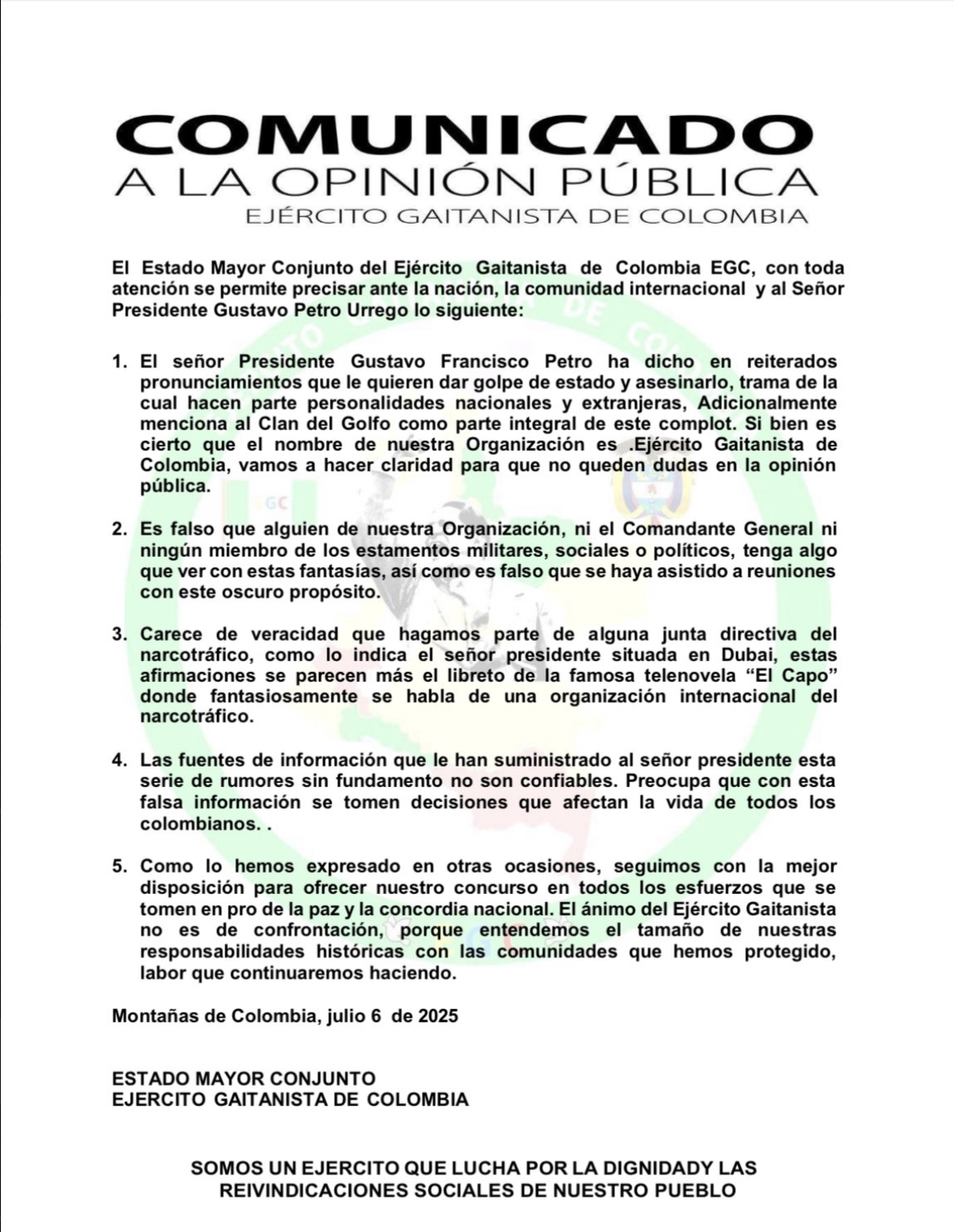 El Ejército Gaitanista de Colombia desmiente acusaciones de golpe y reitera su voluntad de paz