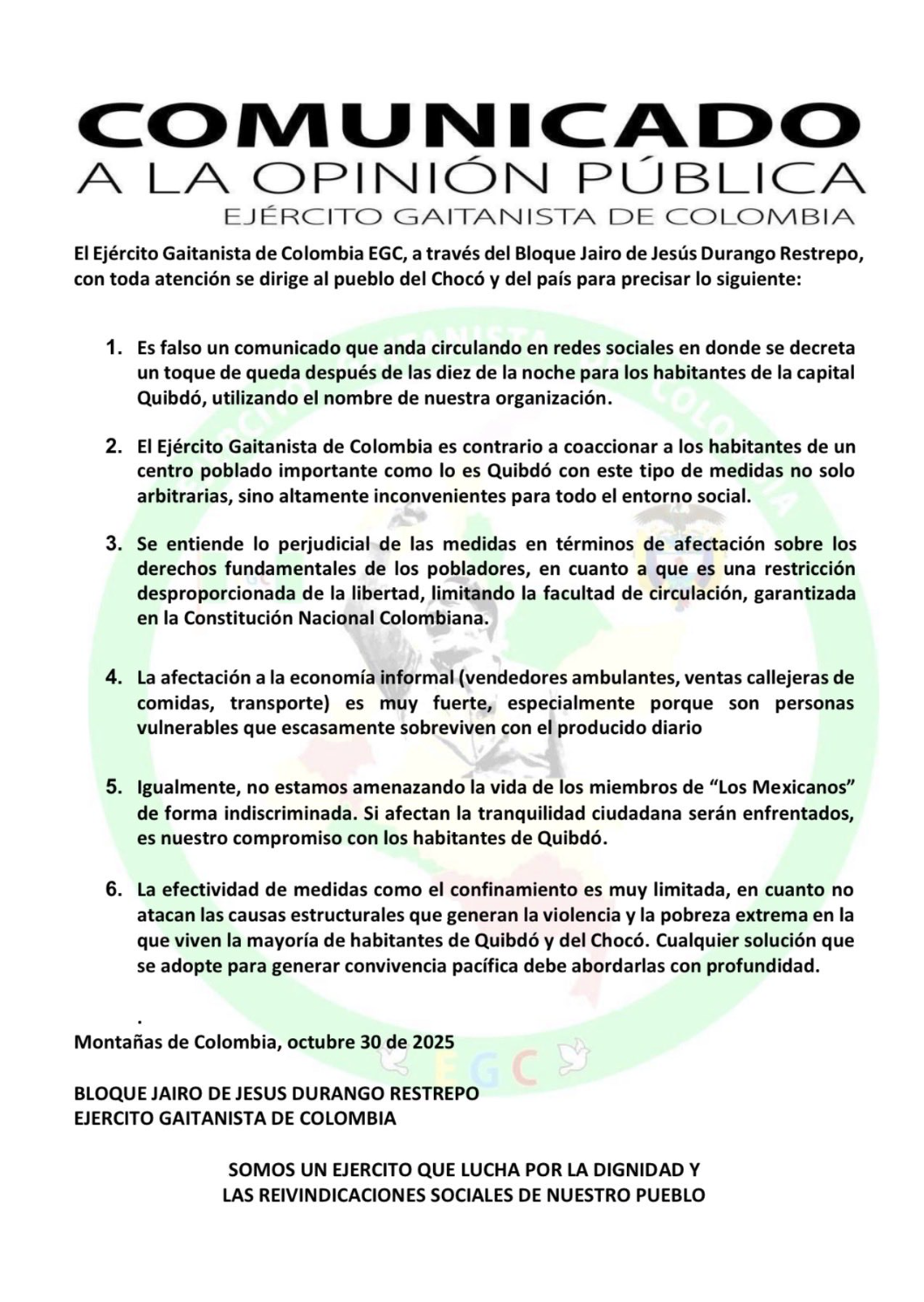 El Ejército Gaitanista de Colombia desmiente rumores sobre toque de queda en Quibdó